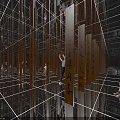 Amusement Park Mirror Maze Featuring Wooden Signs And People Exploring Fun Activity