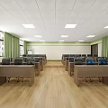 School Classroom With Neat Rows Of Desks Green White Chairs Wooden Flooring And Ceiling Lights
