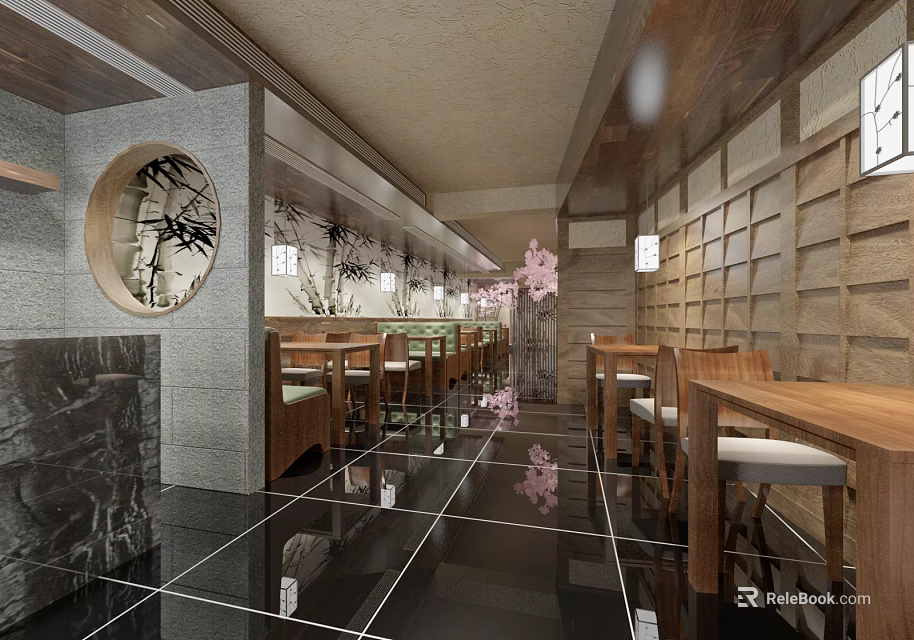 Japanese Style Restaurant Interior With Wooden Tables Cherry Blossom Decor And Black Tiled Floor 3d model 