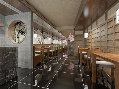 Japanese Style Restaurant Interior With Wooden Tables Cherry Blossom Decor And Black Tiled Floor 3d model