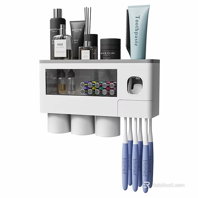 Wall Mounted Bathroom Storage Rack With Transparent Compartment Toothbrushes Cups Skincare Products And Comb 3d model 