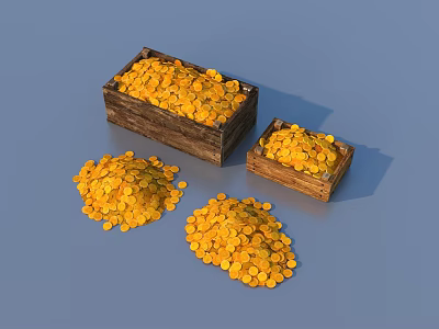 Vintage Wooden Storage Boxes With Gold Coins Scattered Inside And Outside 3d model