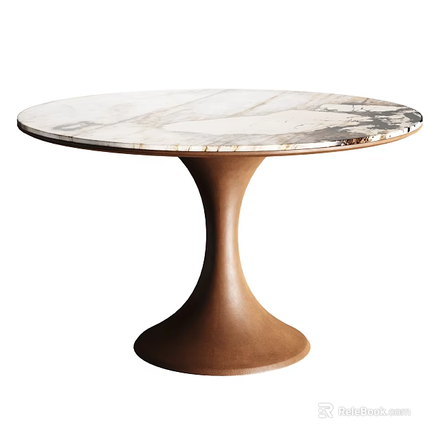 Stylish Round Dining Table With White Marble Top And Brown Pedestal Base 3d model