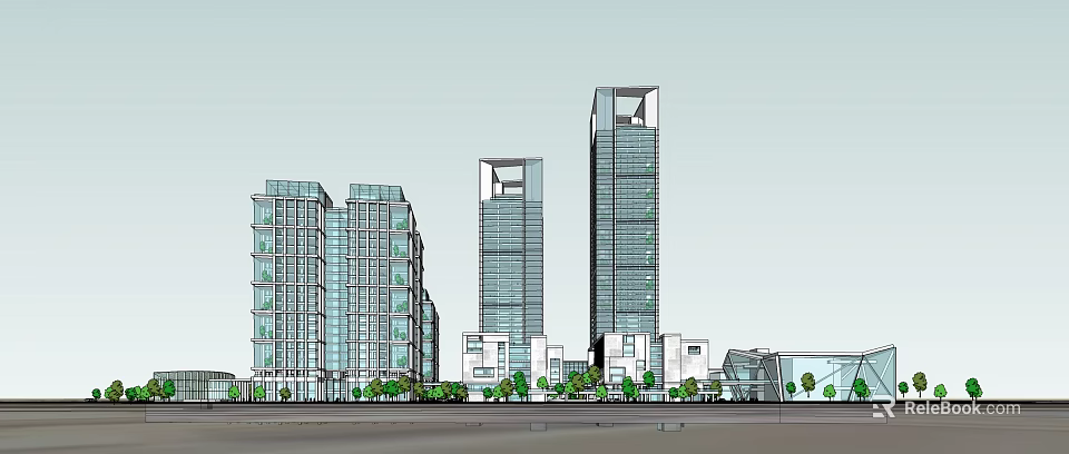 Modern Office Building Complex With Glass Facade High Rise Design And Greenery 3d model 