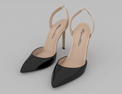 Elegant Women's Black Patent Leather High Heels With Pointed Toe And Ankle Strap 3d model