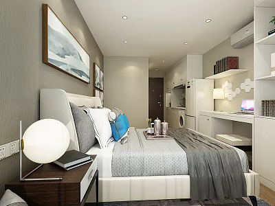Modern Hotel Room Interior With Comfortable Bed Nightstand Lamp And Wall Art 3d model