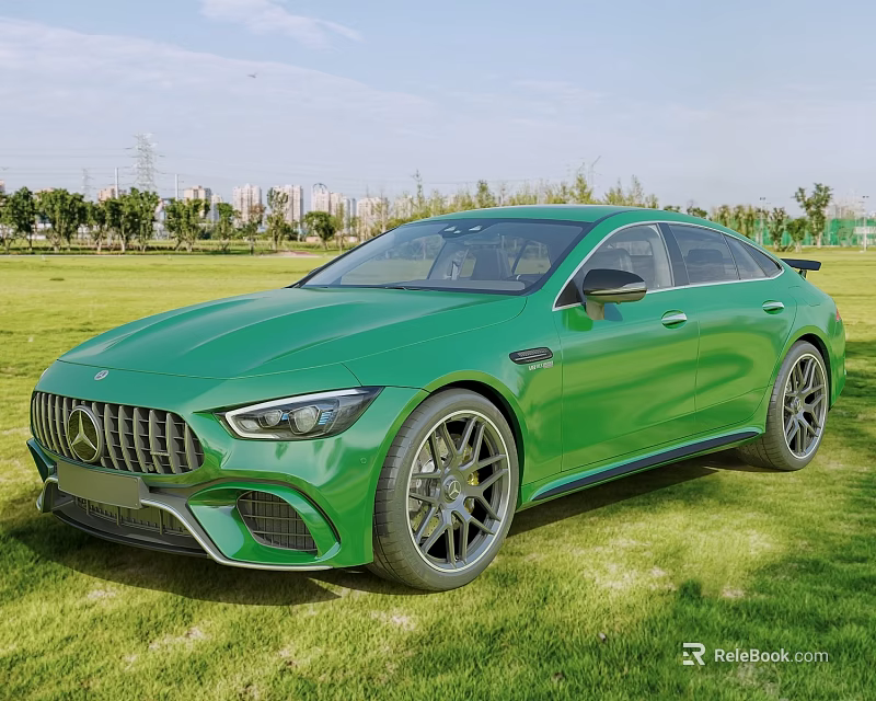 Green Mercedes AMG Coupe Parked On Grassy Field With City Trees Background 3d model 