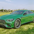 Green Mercedes AMG Coupe Parked On Grassy Field With City Trees Background