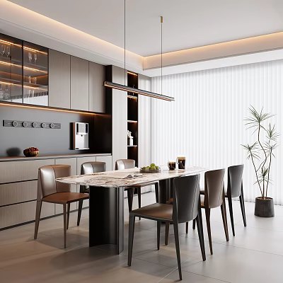 Modern Open Restaurant Kitchen With Marble Dining Table Chairs Cabinets Pendant Light And Plant 3d model