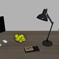 Desktop Computer Setup on Wooden Desk with Keyboard Mouse Lamp Notebook Green Apples and Plant