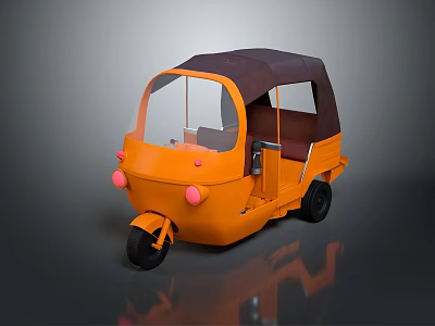 Orange Tricycle With Brown Canopy Transparent Windshield Pink Lights And Black Wheels 3d model