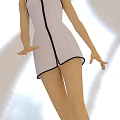 Woman In Striped Dress With Black Trim Stretching Hands On White Background
