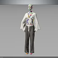 White Wide Sleeve Loose Top with Colorful Patterned Design and Gray Long Trousers Fashion Style