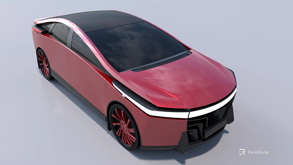 Red Modern Car With Sleek Body Black Roof Red Wheels And Front Light Strip 3d model 