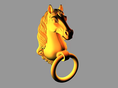Golden Horse Head Shaped Door Handle with Detailed Mane and Circular Ring Pull Design 3d model