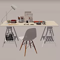 Modern Desk With Desk Lamp Books Colored Pencils Notebook Alarm Clock And White Chair