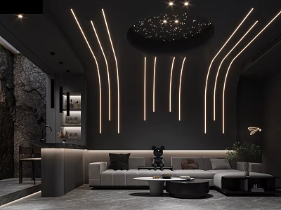 Modern Home Theater Interior With Starry Ceiling Curved LED Lights And Gray Sofa 3d model