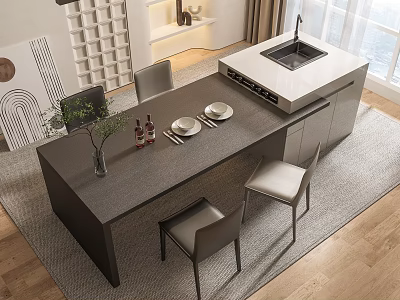 Modern Dark Dining Table Set With Chairs Kitchen Island Vase And Wine Bottles 3d model