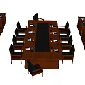 Long Elegant Wooden Conference Table With Black Leather Chairs And Microphones