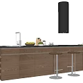 Modern Kitchen Bar With Black Countertop Wooden Cabinets Wine Rack Sink And Bar Stools