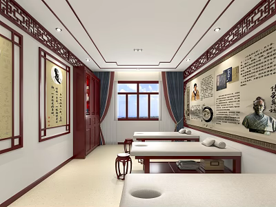Chinese Style Cultural Room With Traditional Calligraphy Portraits Long Tables Window Curtains And Wall Decor 3d model