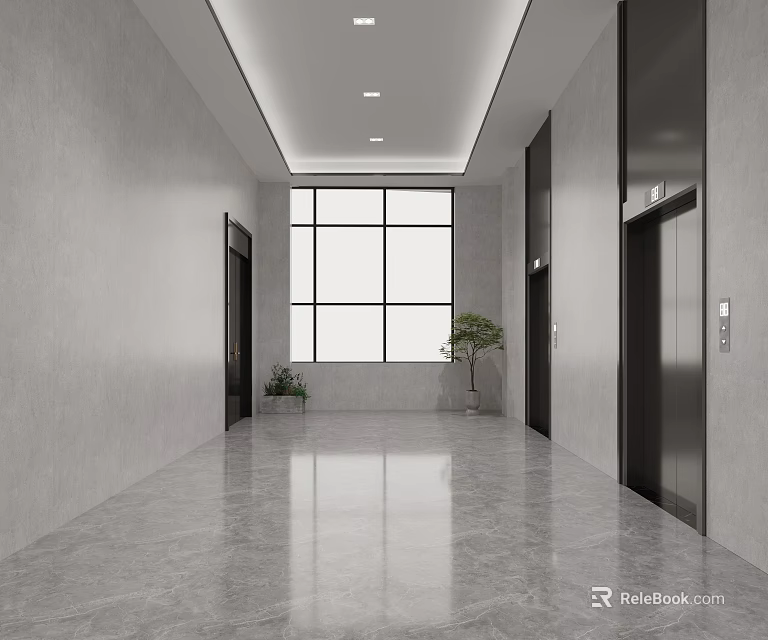 Spacious Elevator Corridor With Gray Walls Marble Floor Window Ceiling Lights And Potted Plant 3d model