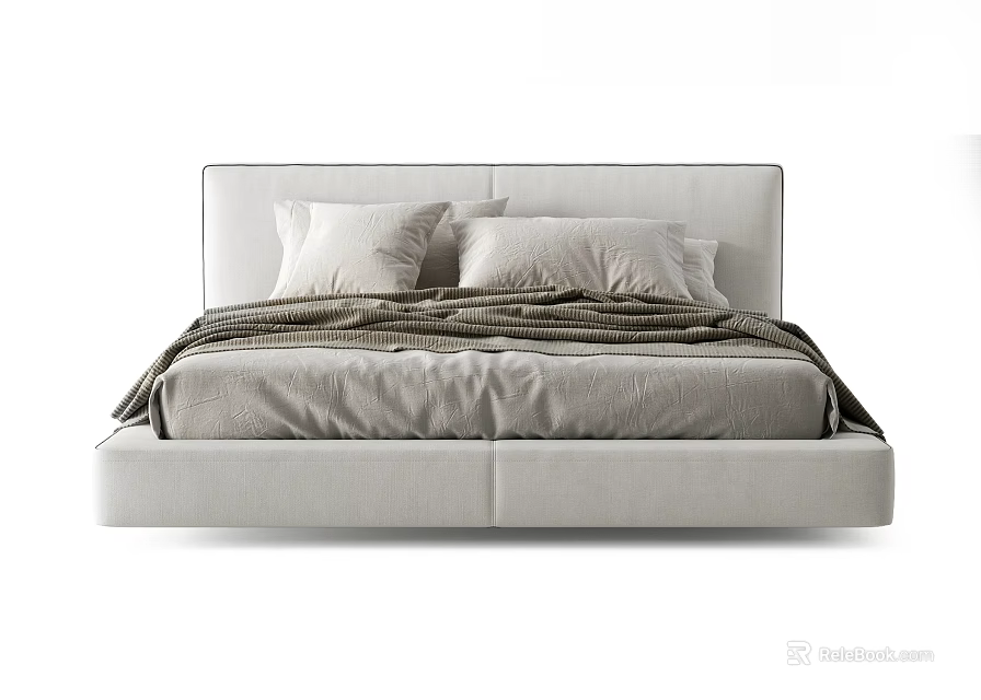 Modern Double Bed With Upholstered Headboard Cozy Blanket Pillows And Sleek Design 3d model 