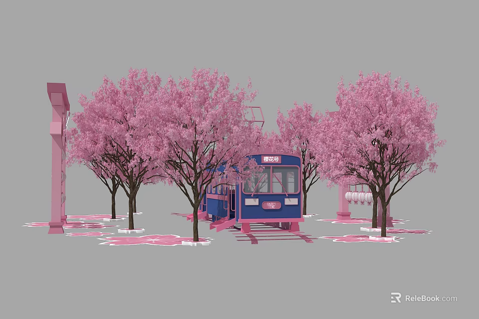 Vibrant Pink Cherry Blossom Trees Surrounding Blue Tram In Scenic Spring Setting 3d model 