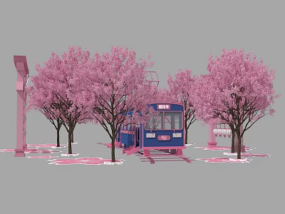 Vibrant Pink Cherry Blossom Trees Surrounding Blue Tram In Scenic Spring Setting 3d model