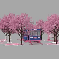 Vibrant Pink Cherry Blossom Trees Surrounding Blue Tram In Scenic Spring Setting