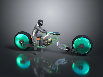 Futuristic Motorcycle With Green Glowing LED Wheels And Rider In Protective Gear 3d model