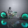 Futuristic Motorcycle With Green Glowing LED Wheels And Rider In Protective Gear