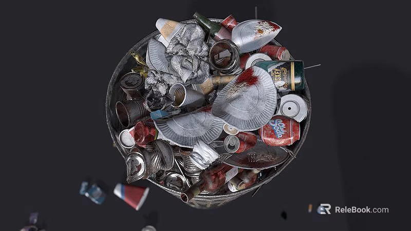 Trash Bin Filled With Various Waste Items Including Cans Plastic And Paper 3d model 