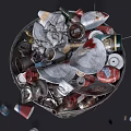 Trash Bin Filled With Various Waste Items Including Cans Plastic And Paper