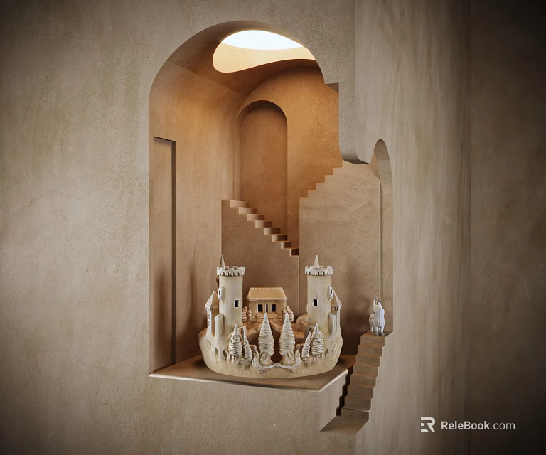 Wall Lamp On Beige Arch Wall Casting Soft Light Over Mini Castle Model And Staircase 3d model