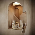 Wall Lamp On Beige Arch Wall Casting Soft Light Over Mini Castle Model And Staircase
