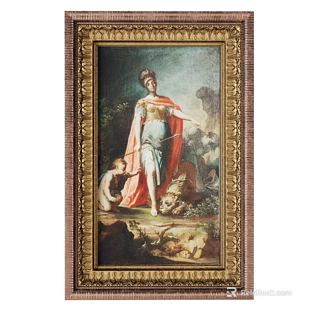Classical Portrait Painting of Elegant Historical Figure with Child Lion and Golden Frame in Natural Background 3d model 