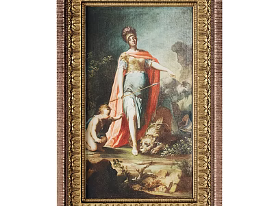 Classical Portrait Painting of Elegant Historical Figure with Child Lion and Golden Frame in Natural Background 3d model