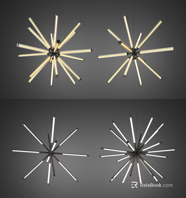 Contemporary Radial Chandelier With Slim Light Tubes And Metallic Frame Design 3d model 