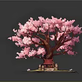 Decorative Pink Flowering Tree with Small Red Pavilion Stone Path and Green Grass Base