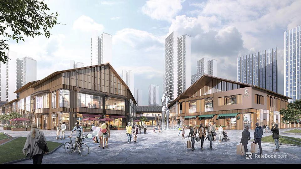 Vibrant Urban Commercial Street With Modern Buildings Shops And Busy Pedestrian Crowds 3d model 