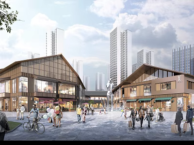 Vibrant Urban Commercial Street With Modern Buildings Shops And Busy Pedestrian Crowds 3d model