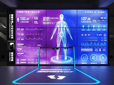 Healthcare Innovation Exhibition Hall Featuring Medical Tech Human Body Model Data Charts And Interactive Floor 3d model