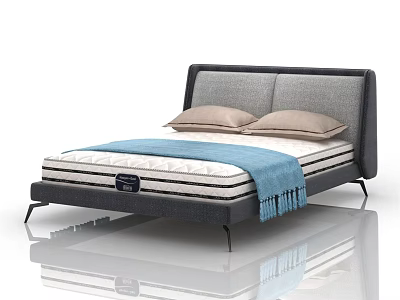 Modern Double Bed With Gray Headboard Beige Pillows And Blue Throw Blanket 3d model