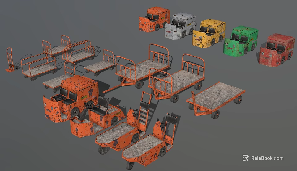 Various Industrial Equipment With Orange Platform Trucks And Multicolored Small Industrial Vehicles 3d model 