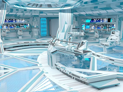 Futuristic Cartoon Sci Fi Control Room With Blue White Geometric Design And Screens 3d model