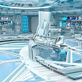 Futuristic Cartoon Sci Fi Control Room With Blue White Geometric Design And Screens