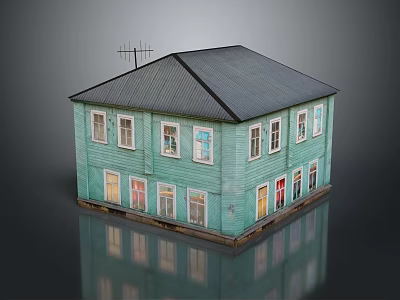 Light Green Wooden House Exterior With Dark Roof Multiple Windows And Colorful Doors 3d model