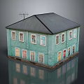 Light Green Wooden House Exterior With Dark Roof Multiple Windows And Colorful Doors
