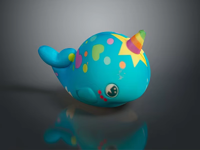Cute Blue Whale Game Movie Character With Colorful Polka Dots And Star Decorated Unicorn Horn 3d model
